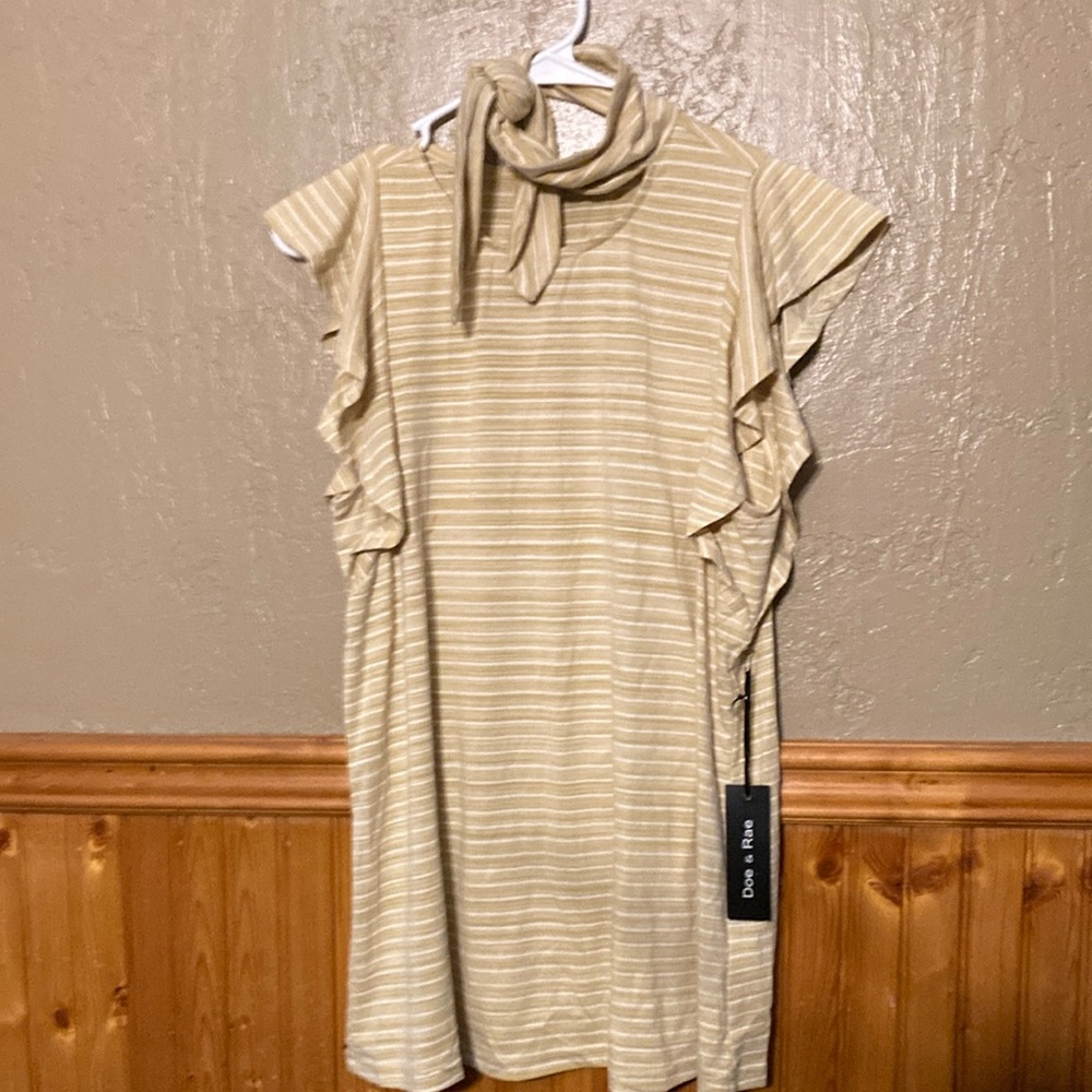 Doe & Rae Beige Striped Dress with Ruffle Sleeves